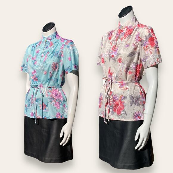 2 70s VTG Sears small polyester blouses w/ pixelated floral pattern - Picture 4 of 6